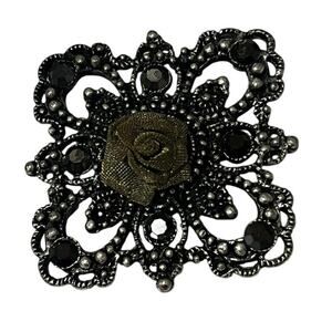 Vintage Silver Rhinestone Brooch with Olive Green Rose|Intricate Floral Pin|EUC